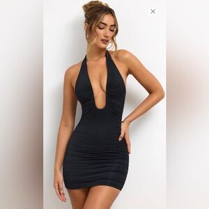 Oh Polly - SOFIJA
Slinky Jersey Plunge Neck Ruched Mini Dress in Black